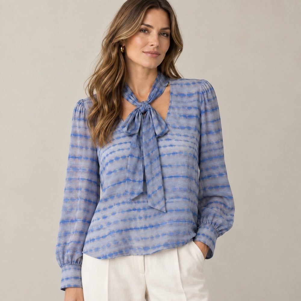 Anthropologie Maeve Blouse Bow Tie Neck Blue Ripple Satin Sample Sz S